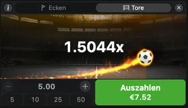 Betiator widget with the Ecken and Tore tabs, the multiplier at 1.5044x, a 5.00 stake, and the green "Auszahlen €7.52" cash-out button active