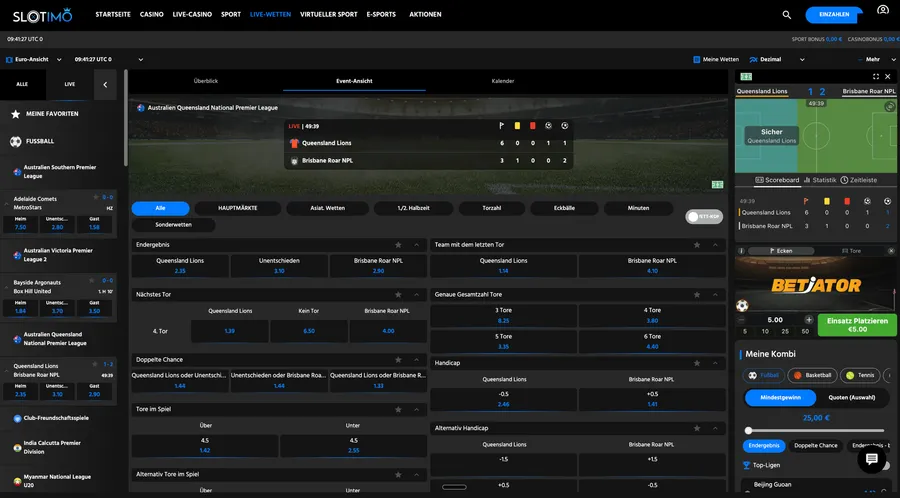 Liga- und Matchauswahl links, ein anderes Match ausgewählt, das Betiator-Widget rechts an dieses Match gebunden