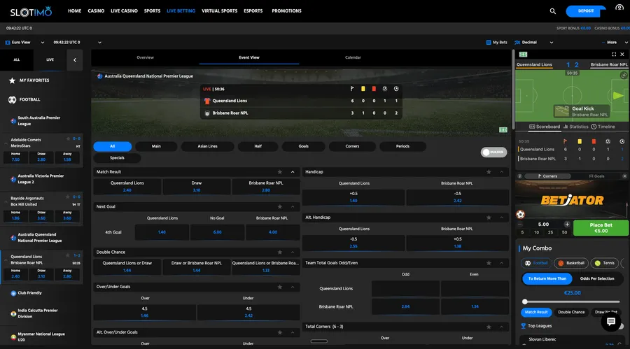 Event View tab open on the English interface, the BETIATOR widget on the right with the green Place Bet €5.00 button