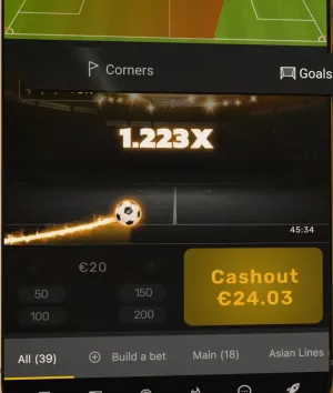 A Betiator round on the Goals tab sitting at 1.223x, with €24.03 available to cash out
