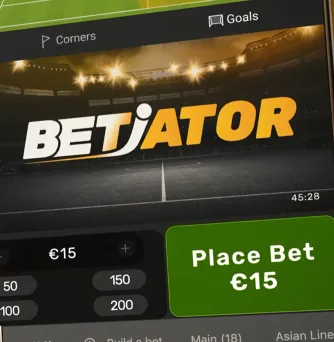 Betiator's bet screen with a €15 stake and the quick amount buttons (50, 100, 150, 200) lined up before the Place Bet button