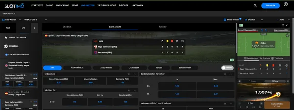 Slotimo live match page for Rayo Vallecano vs Barcelona (SRL) with the Betiator widget in the right-hand column showing a 1.5974x multiplier