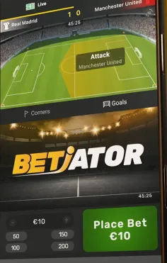 Betiator's widget showing the pitch, the Attack indicator, and the Corners and Goals tabs above the bet field